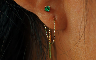 Close up view of a model's ear wearing a solid yellow gold emerald Gemstone Threader