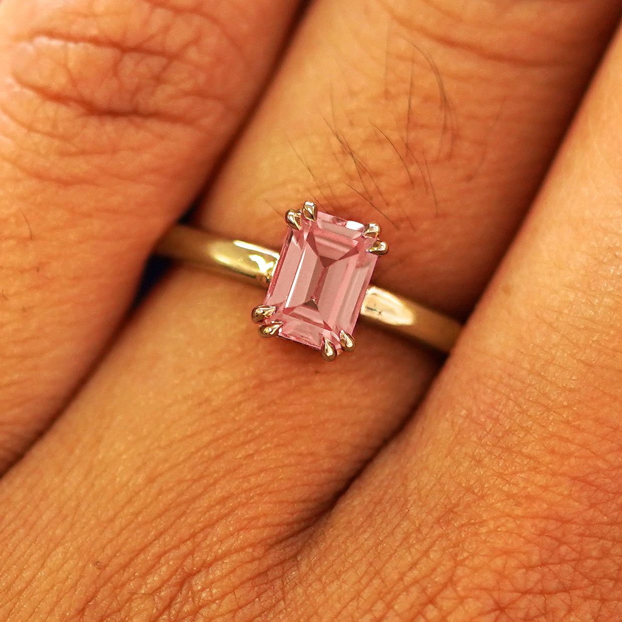 Automic Gold Emerald Cut Pink Lab Sapphire Ring Fine Jewelry