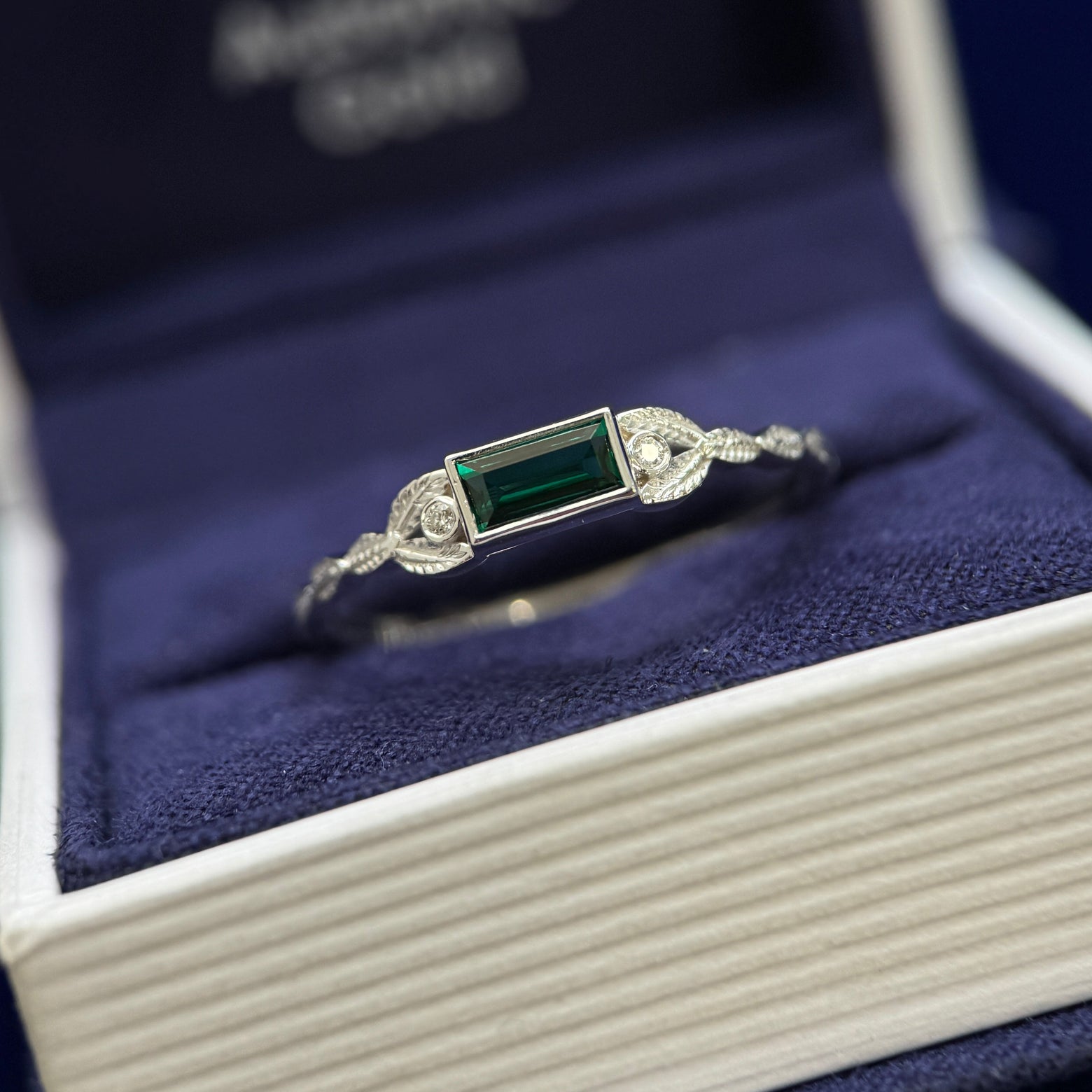 10k White Gold 6x3mm Lab Emerald with 2pc 1.2mm Lab Diamonds on Split Shank Leaves Band Custom Ring, Size 10.5