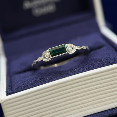 10k White Gold 6x3mm Lab Emerald with 2pc 1.2mm Lab Diamonds on Split Shank Leaves Band Custom Ring, Size 10.5