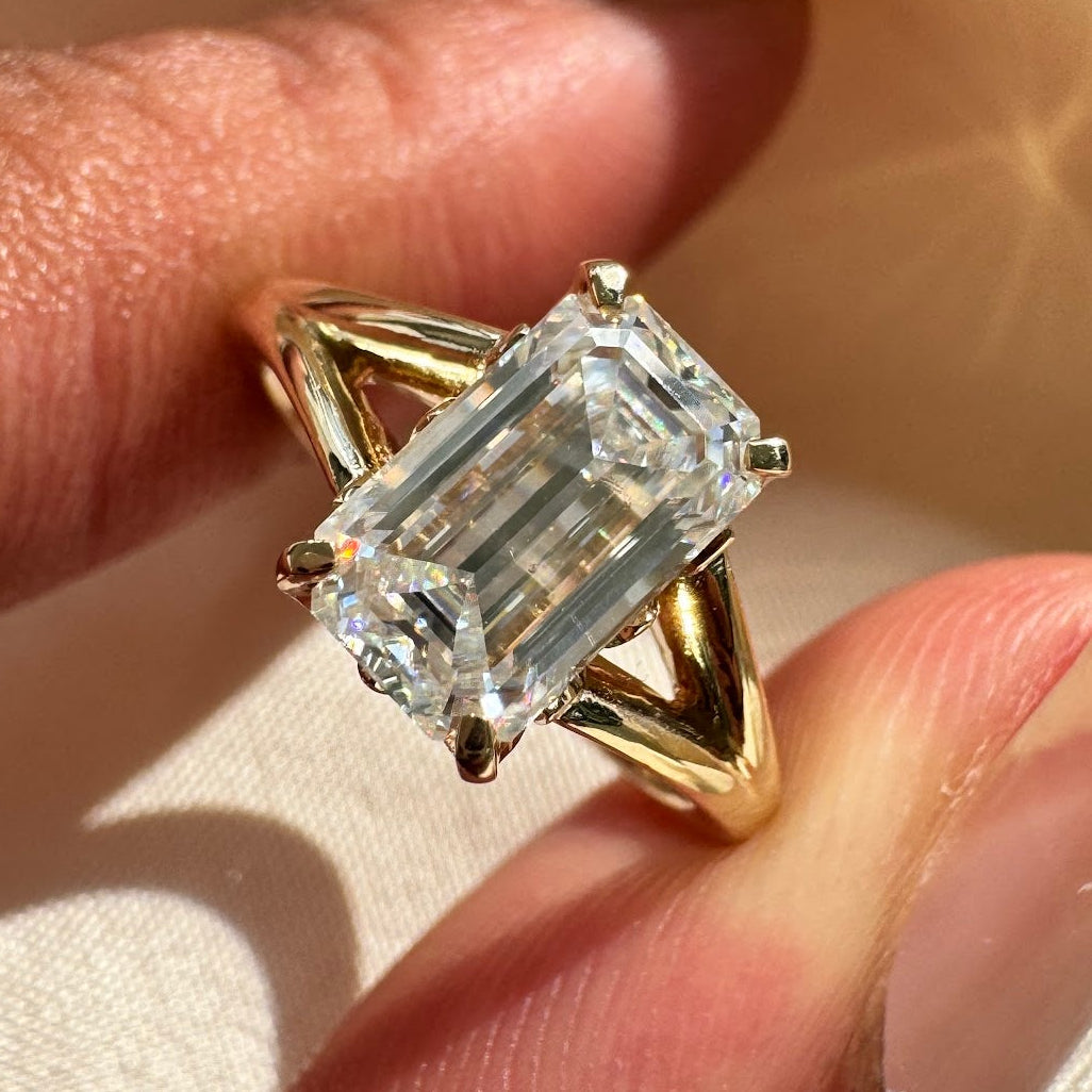 14k Yellow Gold Double Claw Prongs Set Elongated Emerald Cut Moissanite on Split Shank Band Custom Ring Size 4.75