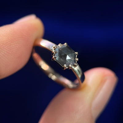 14k Rose Gold and 10-claw prongs 0.62ct Hexagon Black Diamond Claw-prongs set on 2.5mm Industrial Mirror Band Custom Ring, size 5.75