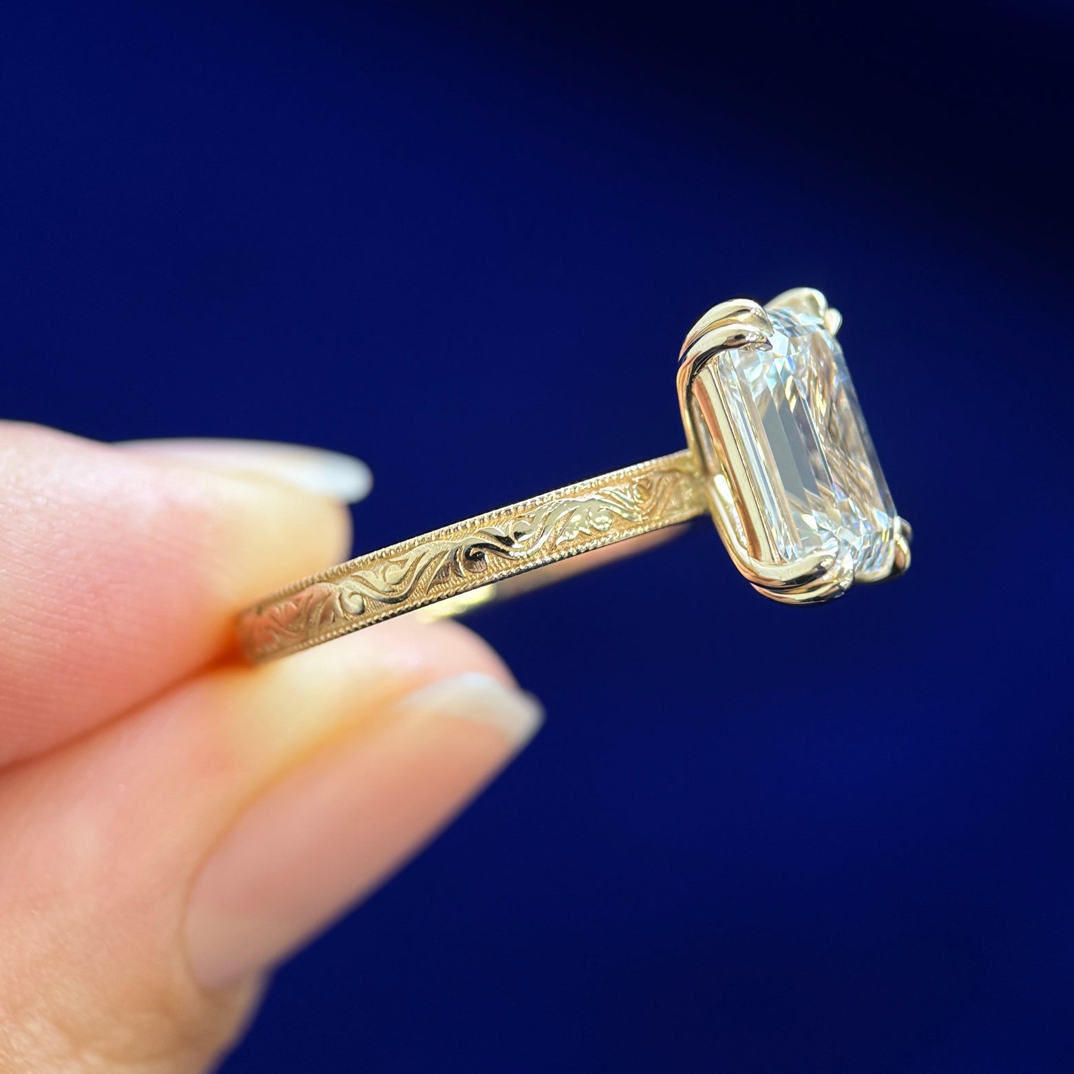 14k Yellow Gold with High-prongs-set 3.10ct F VVS Emerald-cut Lab Diamond Set on Filigree Band Custom Ring, size 6.5