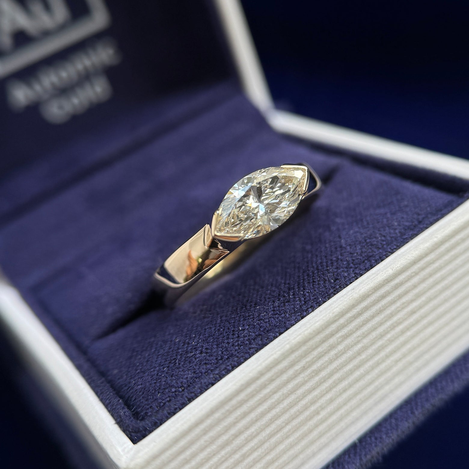 14k Yellow Gold Half-bezel East-to-West-set 1.5ct Marquise Lab Diamond on 4mm Mix Mirror Band Custom Ring, Size 9.5