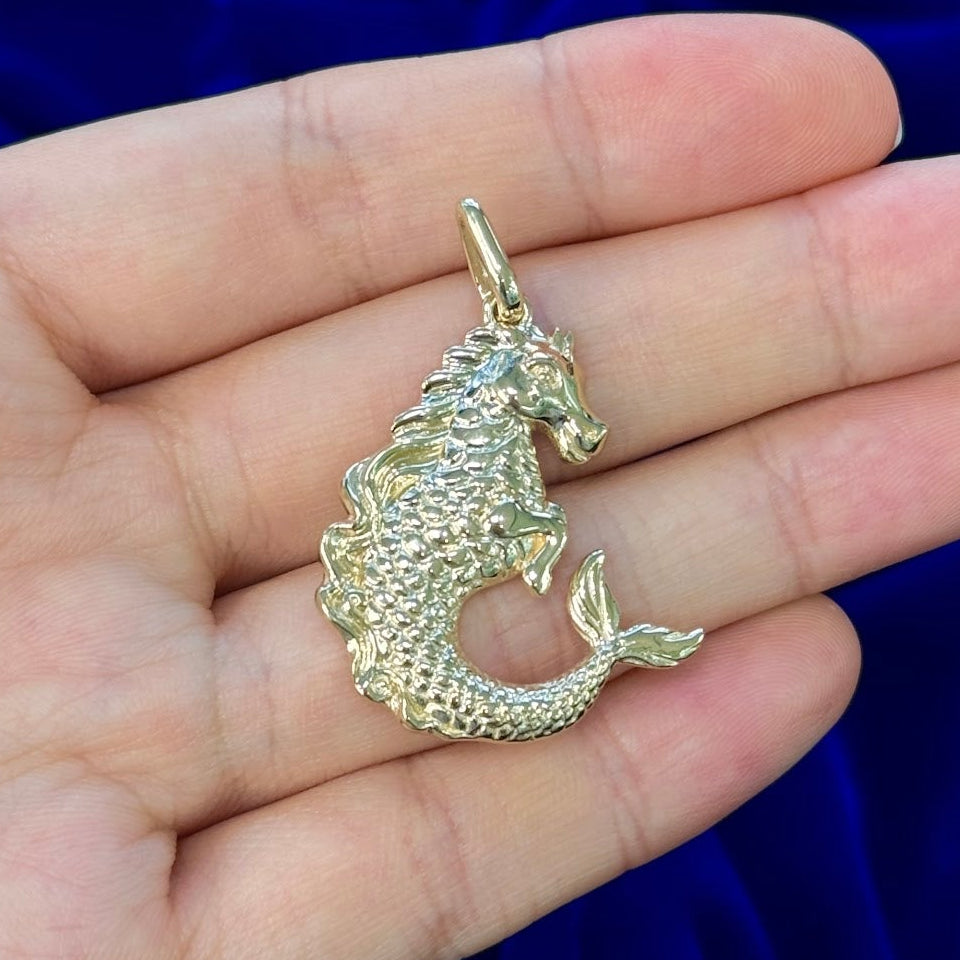 14k Yellow Gold Horse Fish 1.25 Inch Wide Custom Pendant