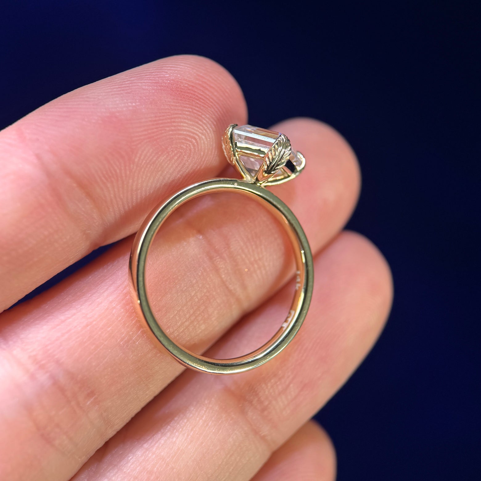 14k Yellow Gold and Triple-claw-prongs High-compass-set 7mm 2ct Asscher Moissanite on 2.5mm Mix Mirror Band Custom Ring, size 7