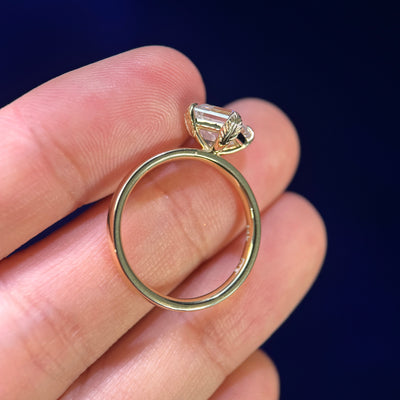 14k Yellow Gold and Triple-claw-prongs High-compass-set 7mm 2ct Asscher Moissanite on 2.5mm Mix Mirror Band Custom Ring, size 7