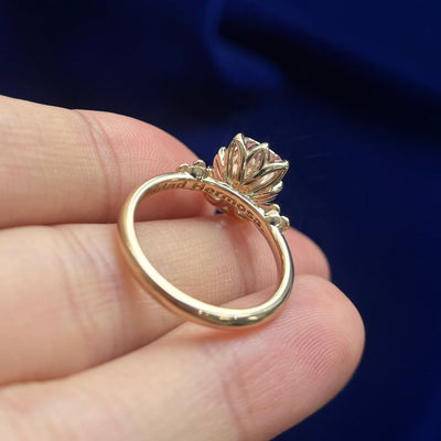 14k Yellow Gold and 3.46ct Baby Pink Diamond with Two Gulmohar Flowers on Tapered Band Custom Ring, size 7