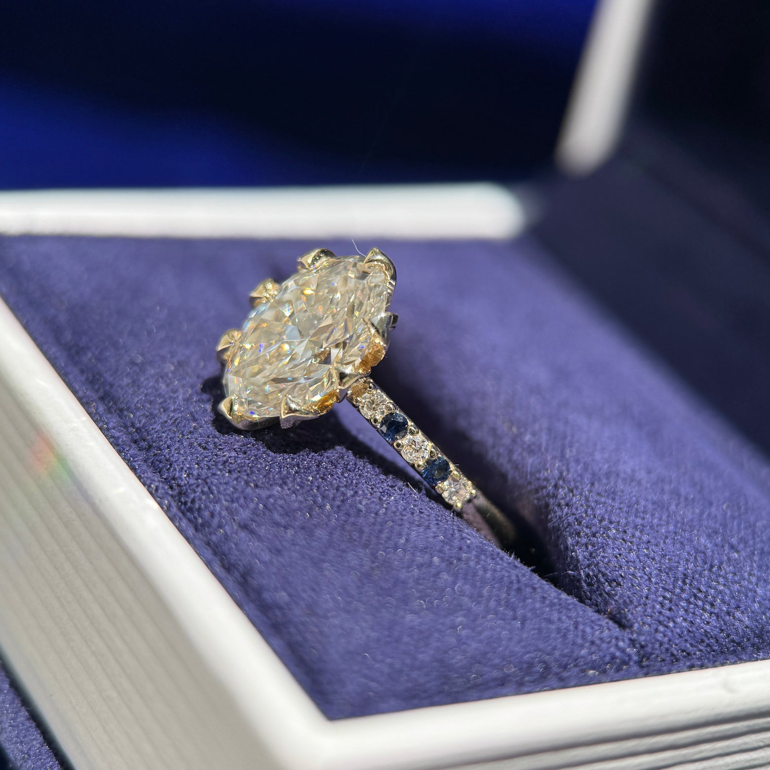 14k Yellow Gold & Petal-prongs-set 2ct Oval Lab Diamond with 10pc Bezel-set Round Lab Diamond Custom Ring, size 7