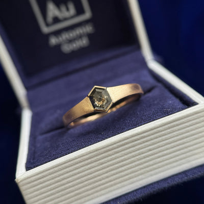 14k Peach Gold Half-bezel-set 0.60ct Hexagon Salt and Pepper Diamond on Tapered Satin Band Custom Ring, Size 11