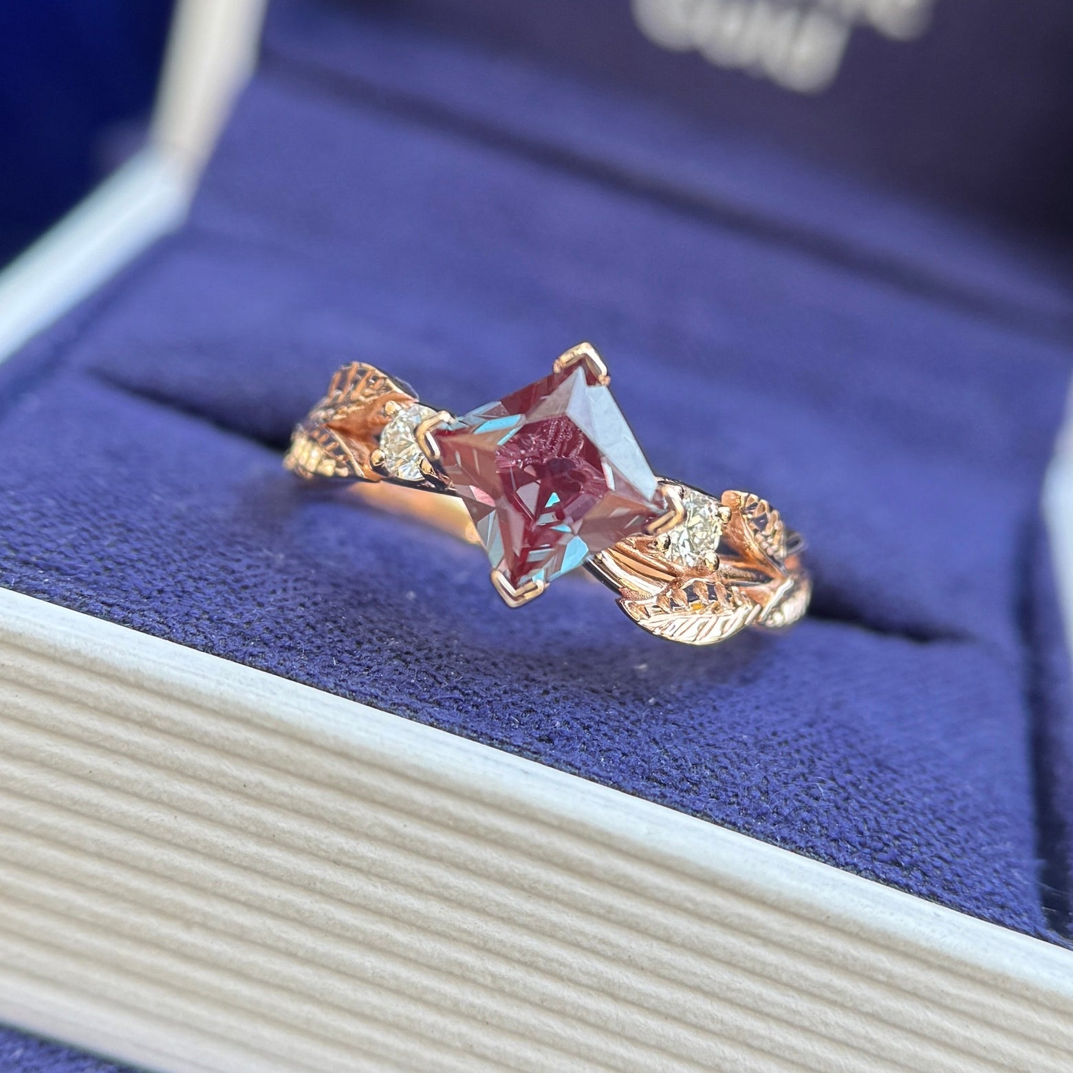 14k Rose Gold Petal-Prongs-Asymmetrically-Set 1ct 6mm Princess Cut Lab Alexandrite with 2pc Round Lab Diamonds on 3mm Leaves Band Custom Ring, Size 6.75