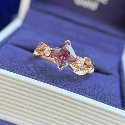 14k Rose Gold Petal-Prongs-Asymmetrically-Set 1ct 6mm Princess Cut Lab Alexandrite with 2pc Round Lab Diamonds on 3mm Leaves Band Custom Ring, Size 6.75