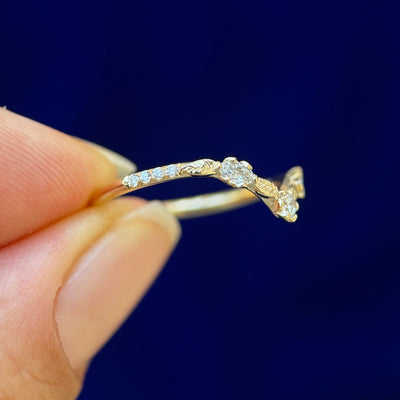 14k Yellow Gold Petal Prongs-set Marquise and Round Lab Diamonds on Custom Leaves Nesting Band, Size 5.5