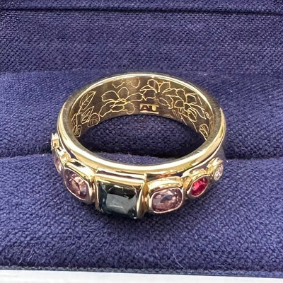 18k Yellow Gold Bezel-set 4.5mm Square Blue-Green Sapphire with 2pc ~3.5mm Cushion Lab Alexandrite and ~2.5mm Round Lab Ruby and Lab Purple Sapphire and 2pc ~2mm Round Lab Diamonds on Pothos and Orchid Engraving