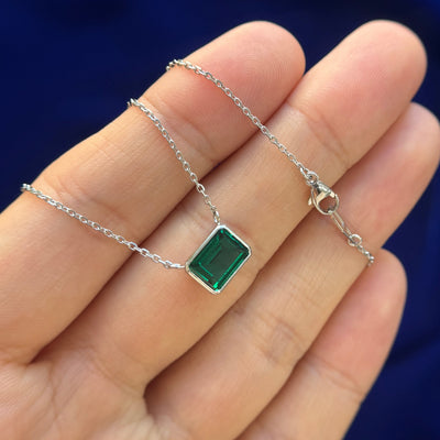 14k White Gold Bezel-set 8x6mm Lab Emerald on 15.5inches Medium Cable Chain Custom Necklace