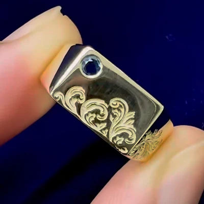14k Yellow Gold Blue Sapphire in Horizontal Oval Signet on 8mm Lowrider Inspired Filigree Band Custom Ring