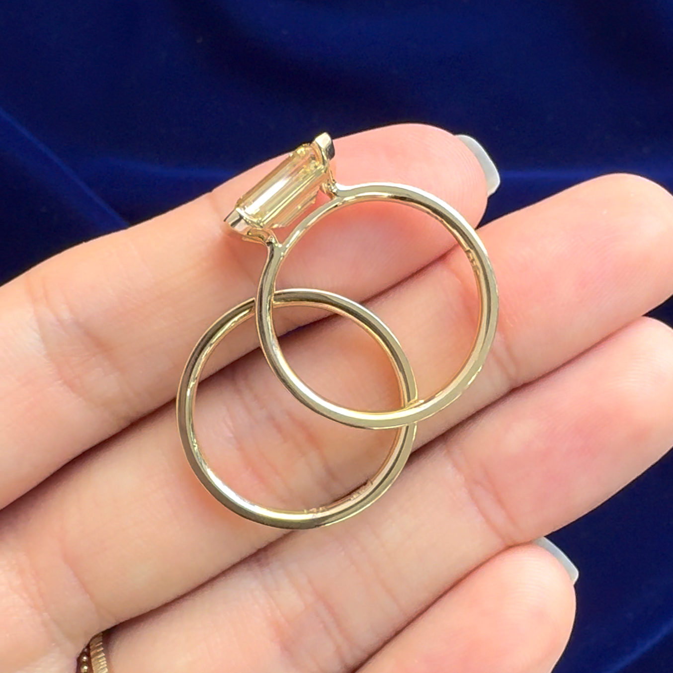14k Yellow Gold with Customers 2.57ct Emerald-cut Lab Diamond Half-bezel-set on 2mm Industrial Mirror Band Custom Ring and Industrial Mirror Band 2mm, Both in size 7.75