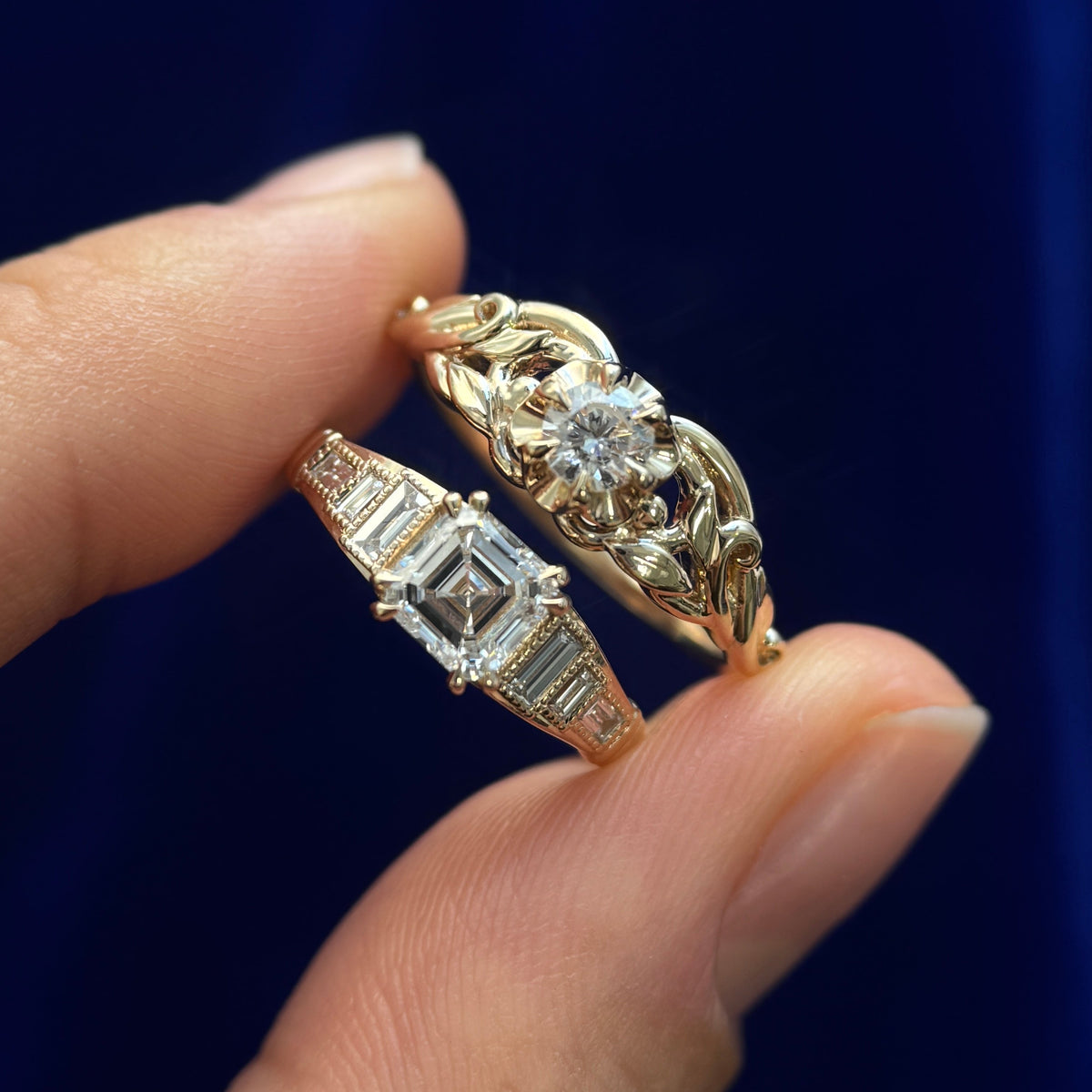14k Yellow Gold And Lab Diamonds Vintage Inspired Milgrain Filigree Leaves Couples Rings Set, Size 4.75 and 6