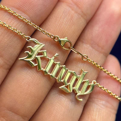 14k Yellow Gold 2.5g Kingly Nameplate in Old English on 3.2g 16 Inch Cable Chain Custom Necklace