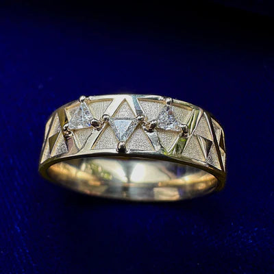 14k Yellow Gold 3mm Triangle Moissanites on Triforce Inspired 6mm Band Custom Ring