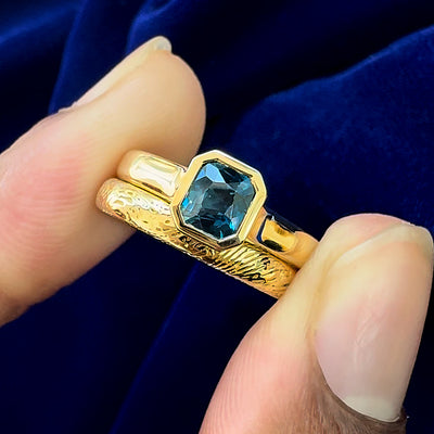 14k Yellow Gold Bezel Set 1.15ct Emerald Cut Teal Sapphire Engagement Ring and 3mm Mix Mirror Band with Fingerprint Engravings Custom Rings Set Size 7