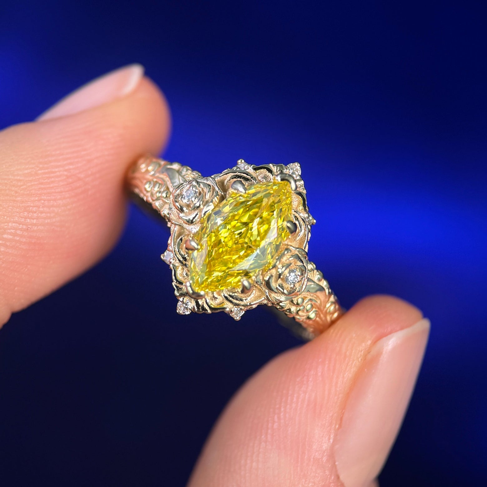 14k Yellow Gold and Customers 1.52ct Marquise Yellow Lab Diamond and Lab Diamonds Filigree Custom Ring, size 8