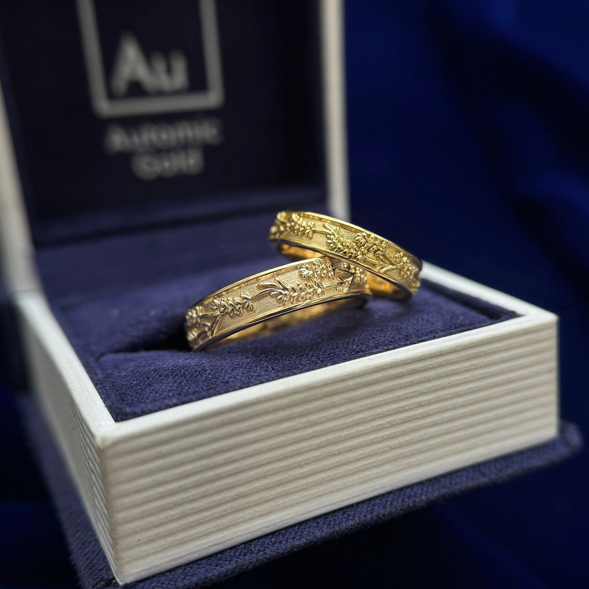 14k and 18k Yellow Gold Botanical Lavender Design Embossed Matching Couple Bands Rings set size 4 and 8.5