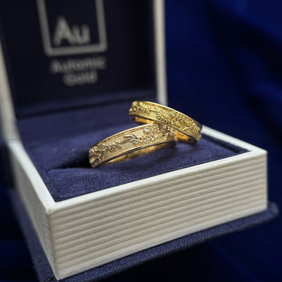 14k and 18k Yellow Gold Botanical Lavender Design Embossed Matching Couple Bands Rings set size 4 and 8.5