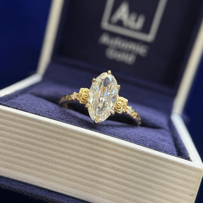 18k Yellow Gold with 2ct Moval Old-mine Lab Diamond Floral Custom Ring