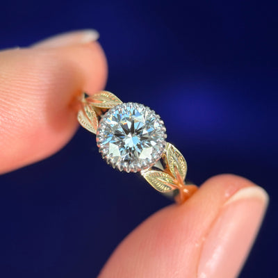 14k Yellow Gold and 1ct Round Lab Diamond Leaves Band Custom Ring, size 4.75