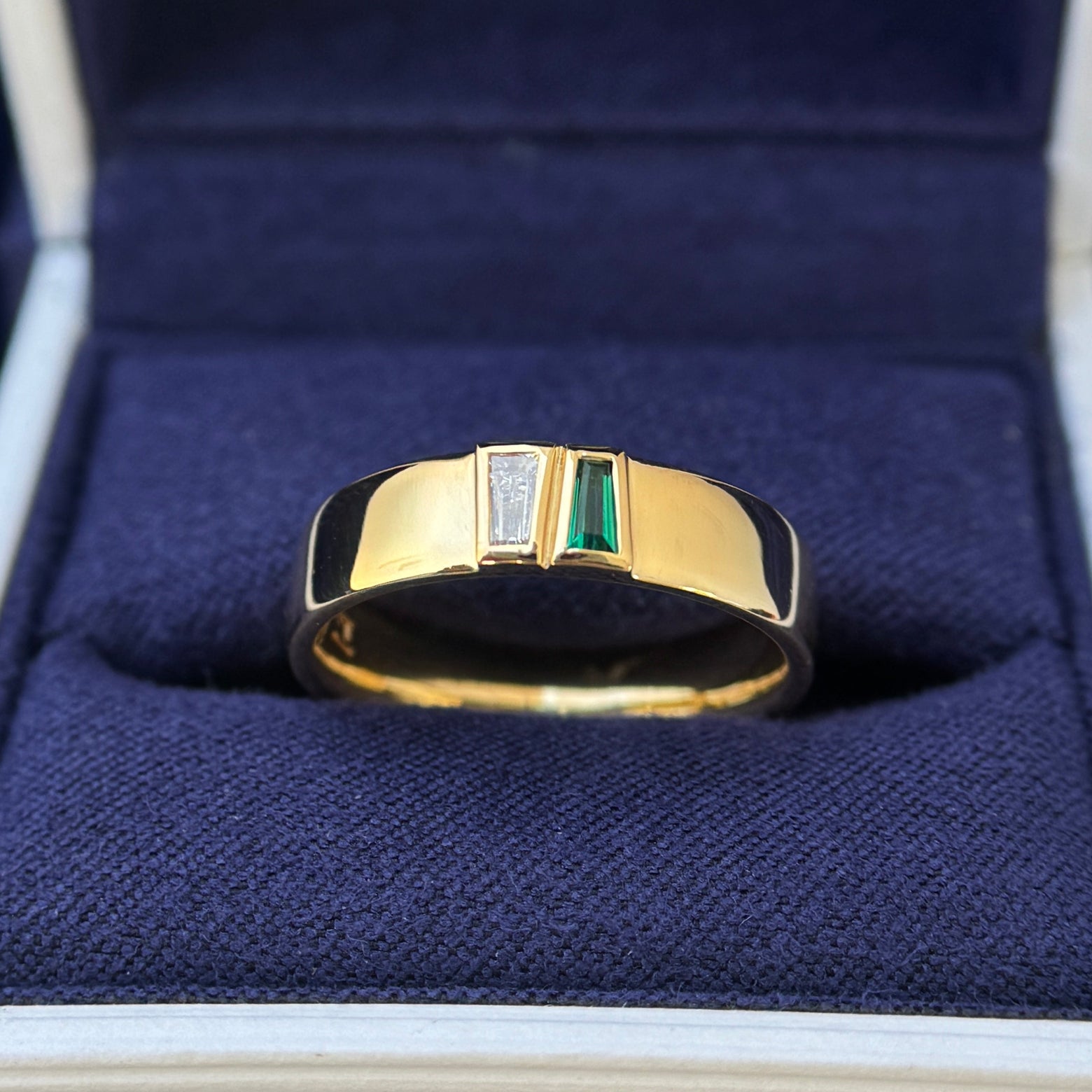 22k Yellow Gold and Bezel-set Tapered Baguette Lab Emerald with Lab Diamond on 4mm Mix Mirror Band Custom Ring, 7.5 grams, size 7.5