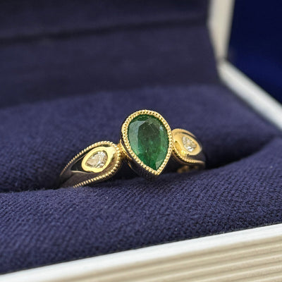22k Yellow Gold and Milgrain-bezel-set 1.08ct Natural Emerald Custom-cut into 5x7.1mm Pear with 2pc 3x2mm Lab Diamonds Flush-set on Milgrain Tapered Band Custom Ring, 5 grams, size 4.75