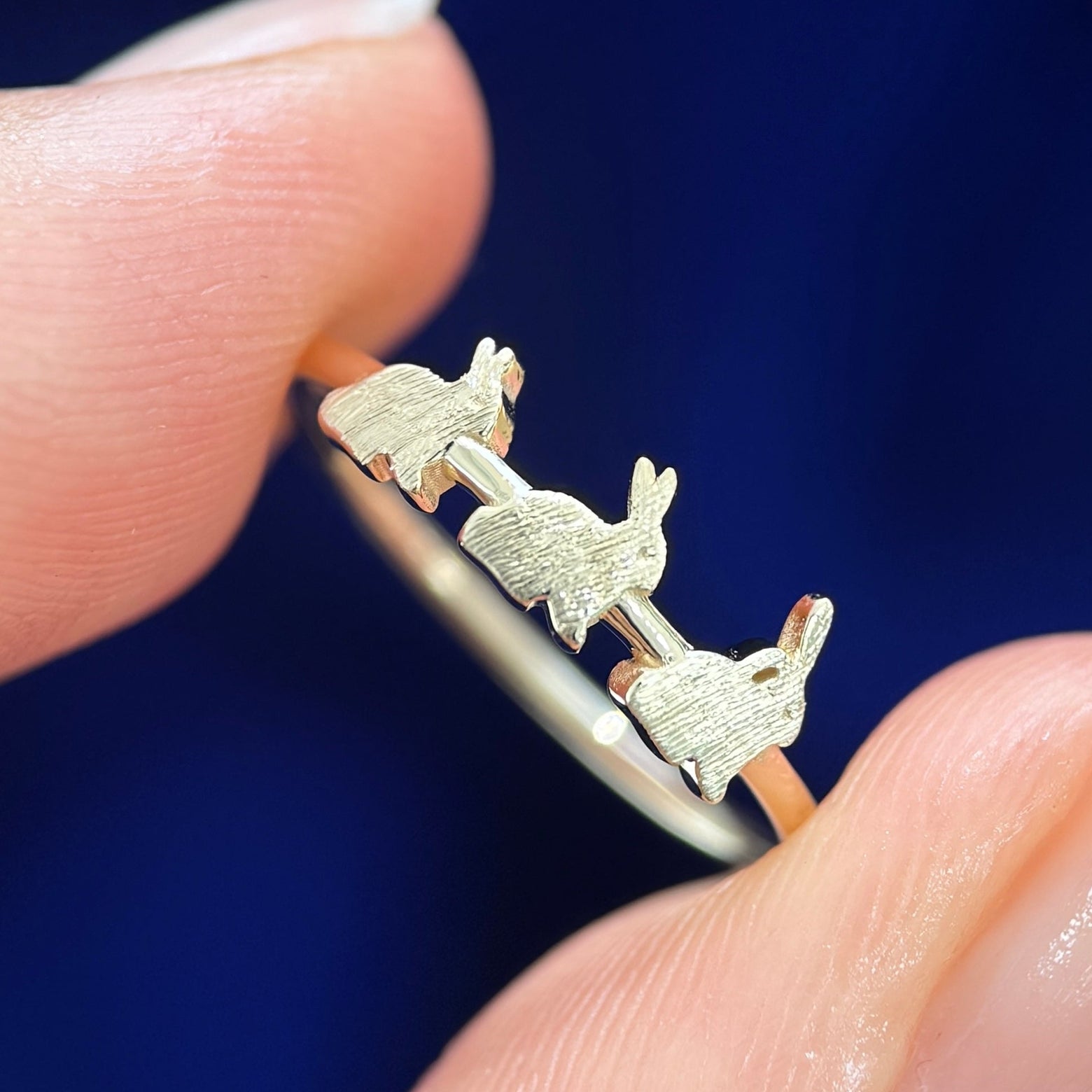 14k Yellow Gold 3 bunnies on Custom Thin Band, Size 5