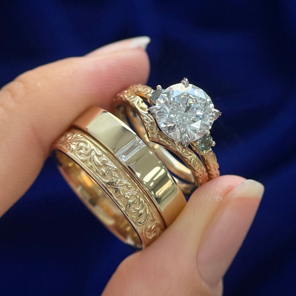 14k Yellow Gold with Platinum Head and Lab Diamonds Engagement and Wedding Custom Couples Matching Rings Set, Size 7 and 8.25
