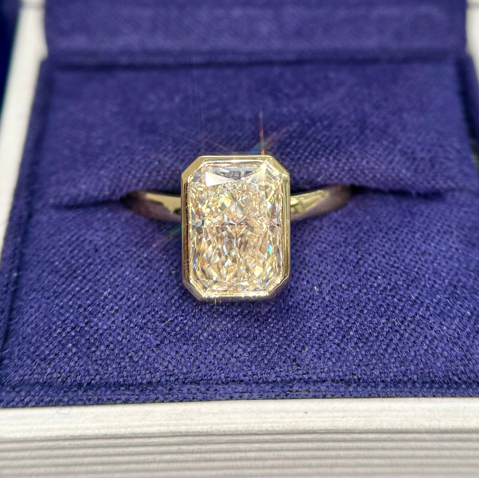 14k Yellow Gold and Open-bezel-set 4ct Radiant Lab Diamond on 2.5mm Mix Mirror Band Custom Ring, size 9