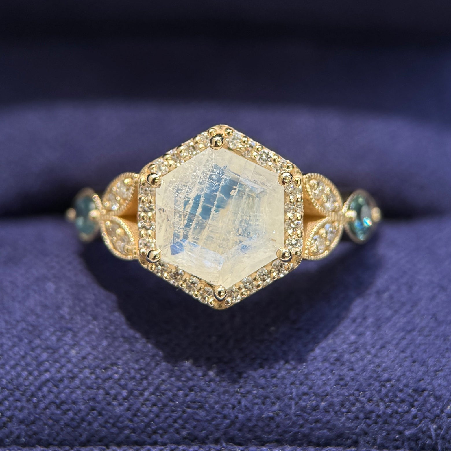 14k Yellow Gold with 5mm Round Cabochon Moonstone in Hexagon Setting with Pave Lab Diamonds and 0.30ct Oval Sapphires Custom Ring, size 7