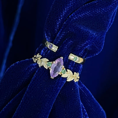 14k Yellow Gold Marquise Purple Sapphire and Small Green Sapphires Leaves Ring with Open Stacking Band Custom Set