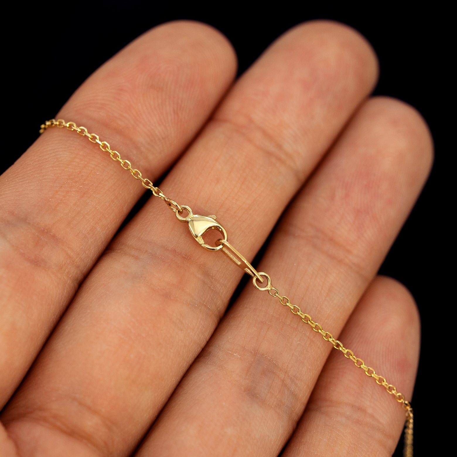 A model showing the lobster claw clasp and AU plate on an 8 pointed star necklace