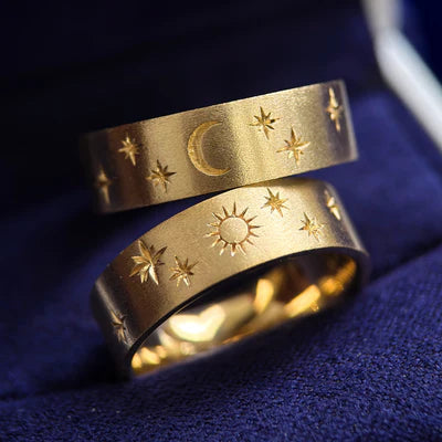 14k Yellow Gold Sun and Moon with Stars Engraved all Around on 6mm Industrial Brushed Band Custom Ring