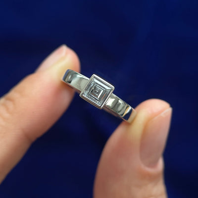 950 Platinum Bezel-set 4.5mm Carre-cut Lab Diamond on 2.5-2.8mm Tapered Band, Size 5.75