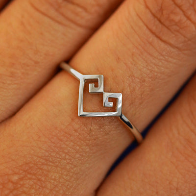 Close up view of a model's fingers wearing a 950 platinum Chere Heart Ring