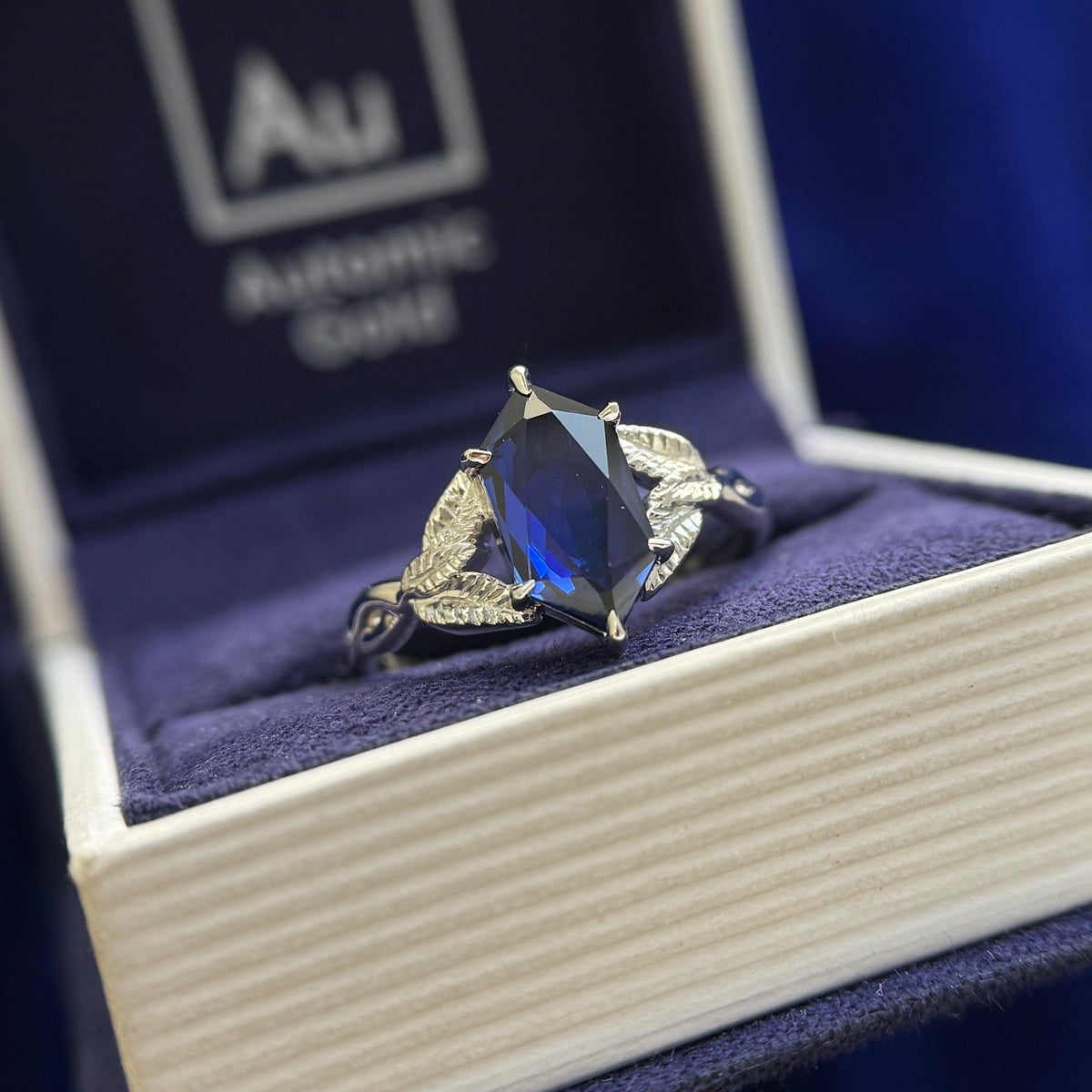 950 Platinum with 1.5ct Elongated Hexagon Lab Sapphire Floral Custom Ring
