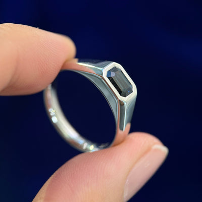 950 Platinum and Hexagon Flash-set 1.58ct Emerald Cut Teal Sapphire on Signet Custom Ring, 10 Grams, Size 7.5