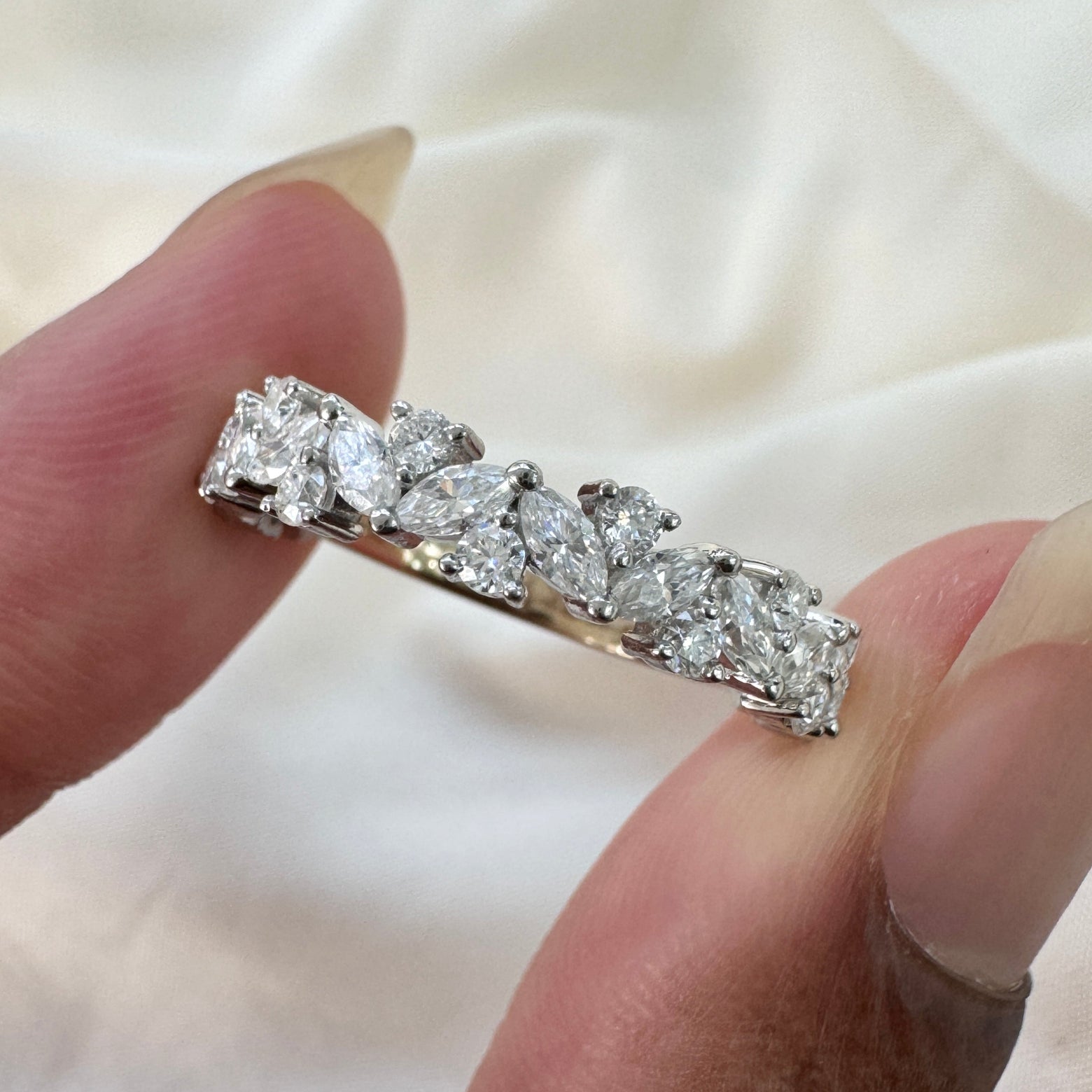 This 950 Platinum Prongs-set  features 4x2mm Marquise and 2mm Round Moissanites Half-way Around 3mm Industrial Custom Wedding Band size 10