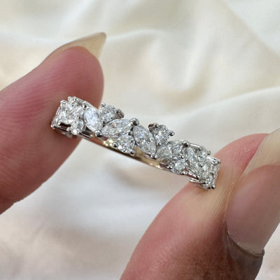 This 950 Platinum Prongs-set  features 4x2mm Marquise and 2mm Round Moissanites Half-way Around 3mm Industrial Custom Wedding Band size 10