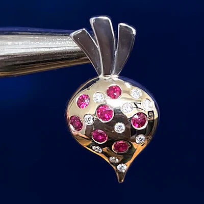 14k Yellow Gold and 950 Platinum Small Round Rubies with Diamonds Custom Radish Pendant