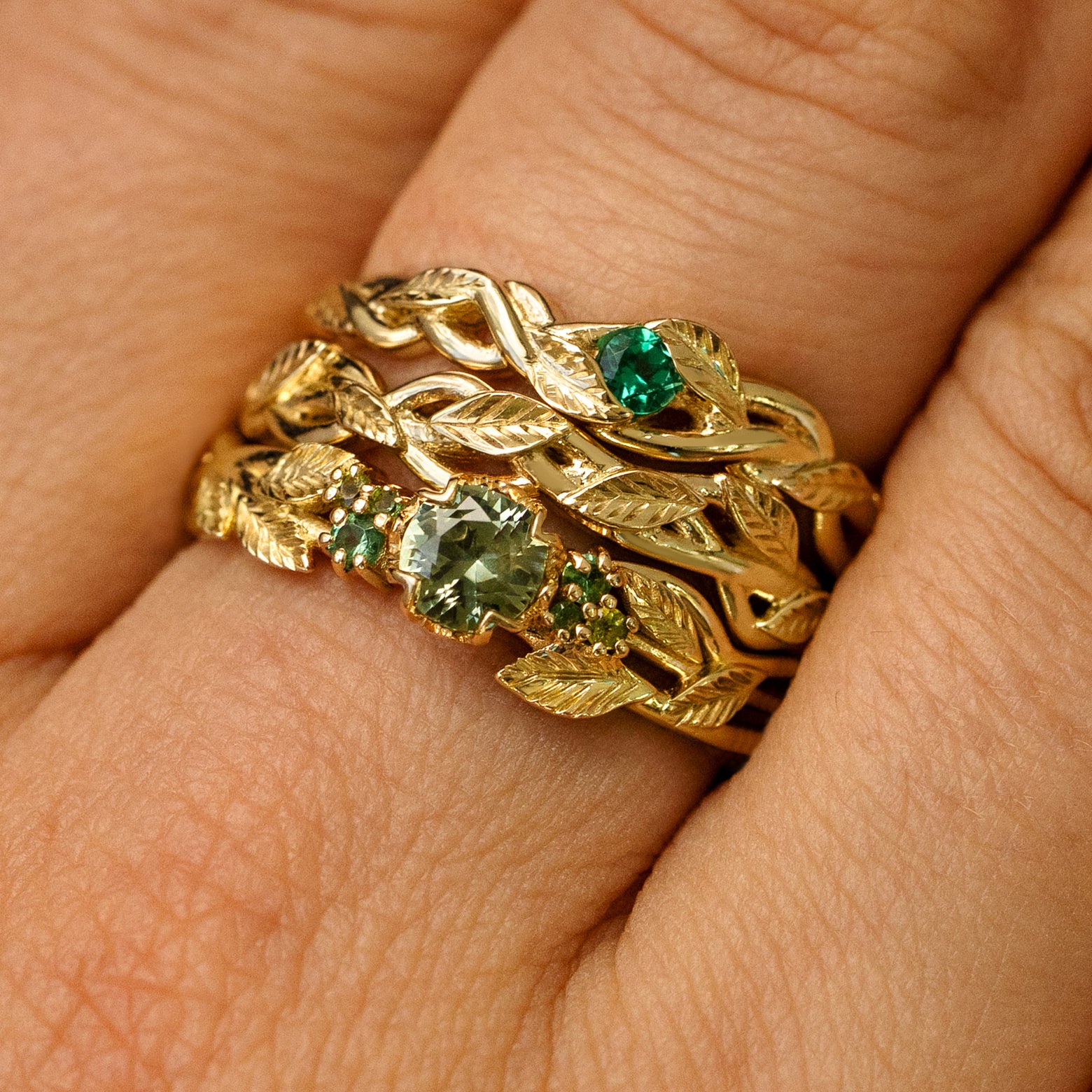 Green Sapphires Leaves and Vines Ring