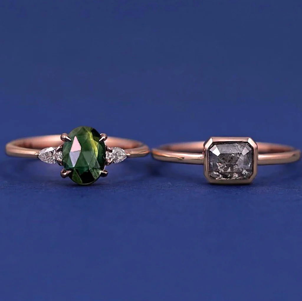 14k Rose Gold Bezel Set Gray Radiant Diamond and Oval Dark Green Sapphire with Pear Diamonds Custom Thin Engagement Rings