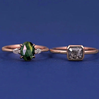 14k Rose Gold Bezel Set Gray Radiant Diamond and Oval Dark Green Sapphire with Pear Diamonds Custom Thin Engagement Rings