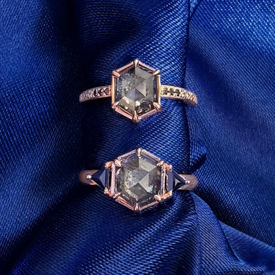 14k Rose Gold 1.21ct Salt and Pepper Hexagon Diamonds Round Pave Diamonds Gradient and Trillion Diamonds Matching Lesbian Rings Set Sizes 5 and 6